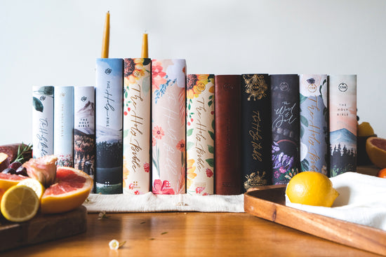 A row of Hosanna Revival Bibles including NIV, ESV, and CSB translations. Now available in Australia through More Than Wildflowers.